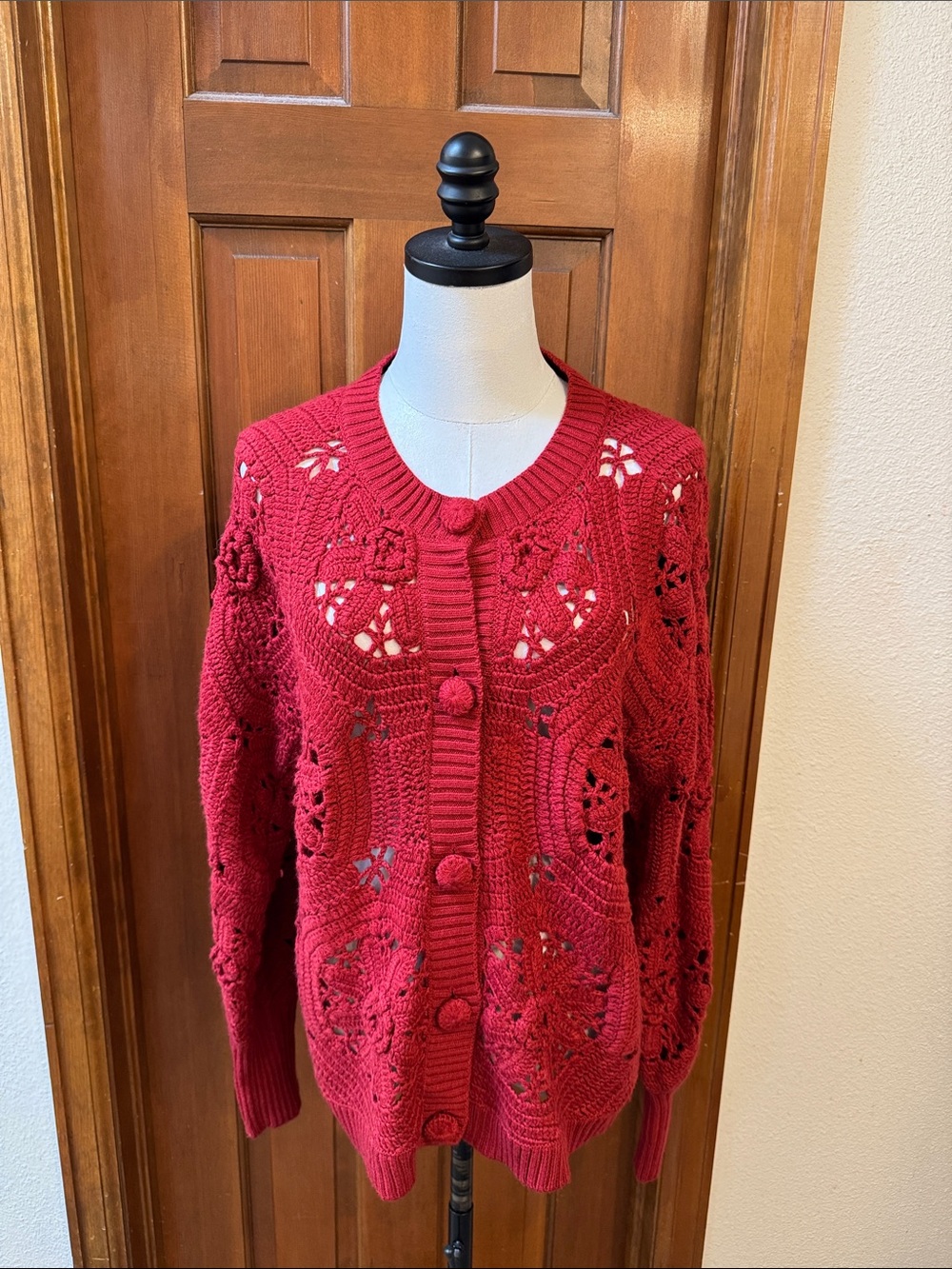 FARM Rio Red Crochet Button-Front Women’s Sweater Cardigan Size M